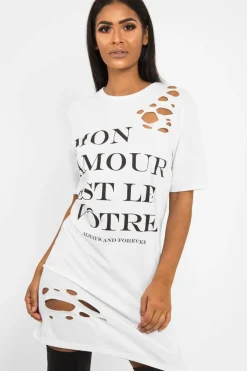 Rebellious Fashion White Slogan Distressed T-Shirt Dress - Ashlen