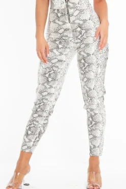 Rebellious Fashion White Snake Print Faux Leather Ring Zip Trousers - Alexus