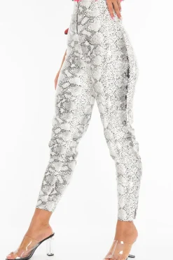 Rebellious Fashion White Snake Print Faux Leather Ring Zip Trousers - Alexus
