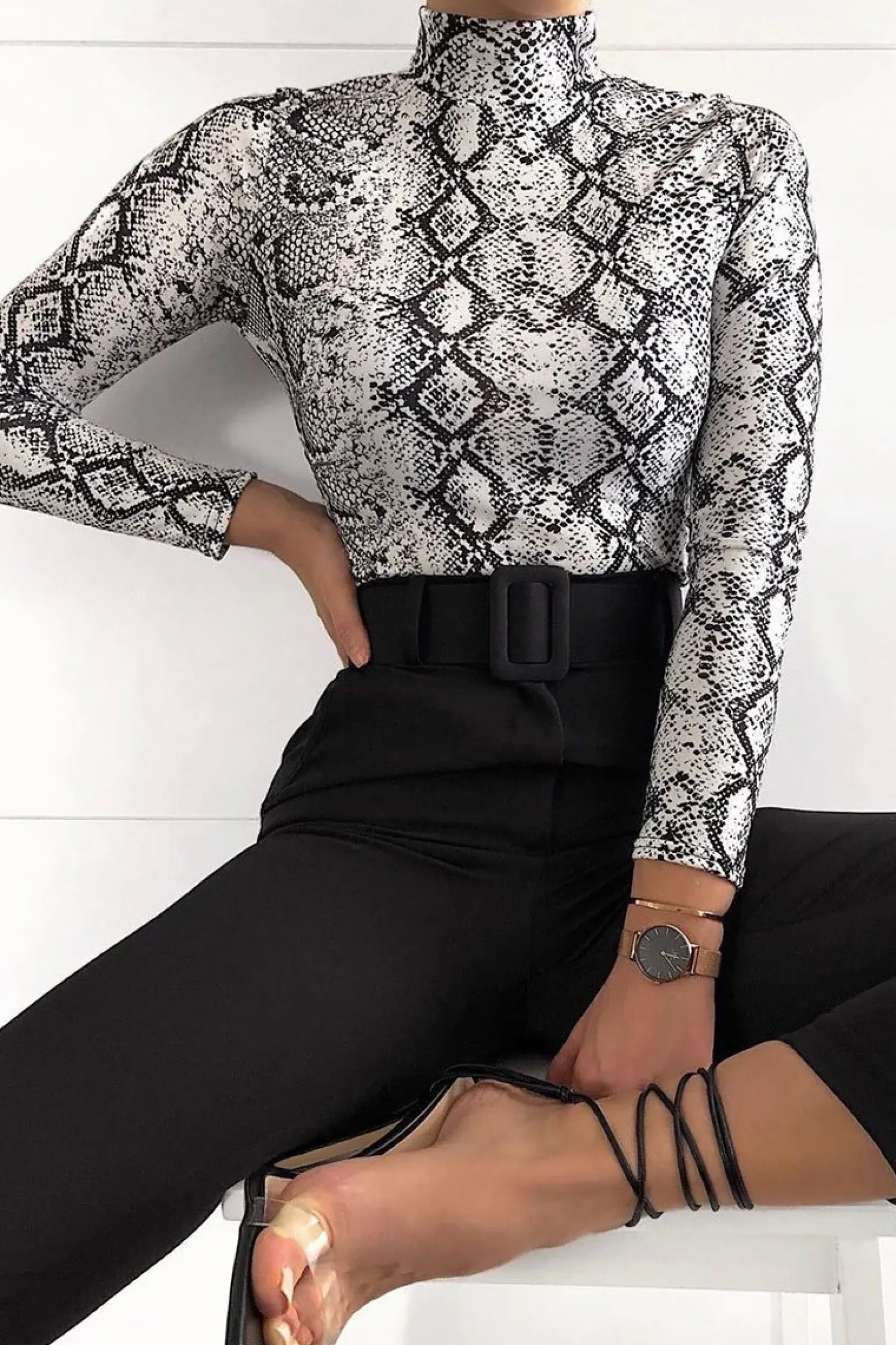 Rebellious Fashion White Snake Print High Neck Long Sleeve Bodysuit - Evanna