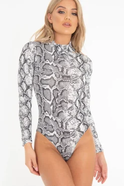Rebellious Fashion White Snake Print High Neck Long Sleeve Bodysuit - Evanna