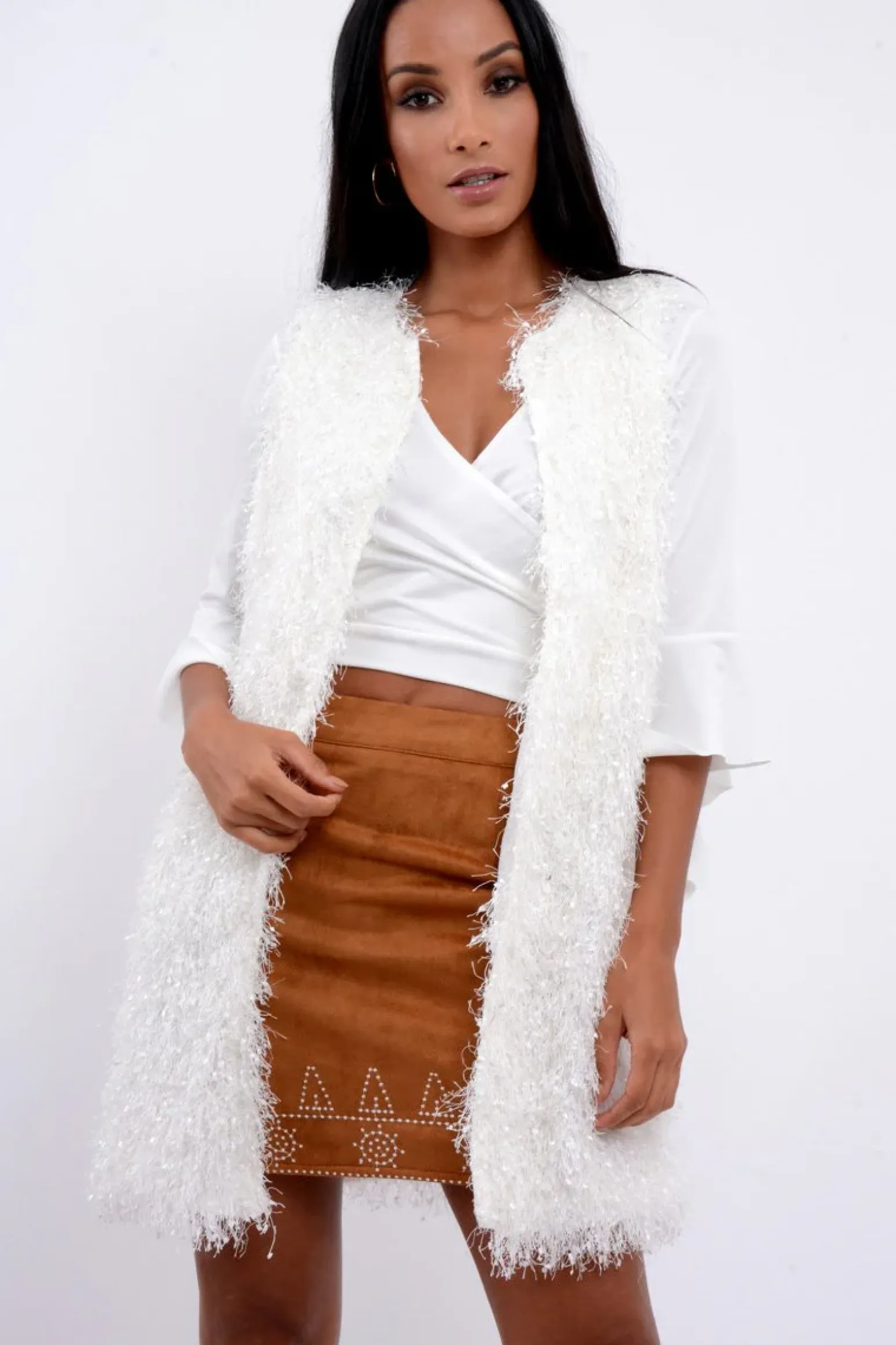 Rebellious Fashion White Soft Shaggy Gilet - Niamh