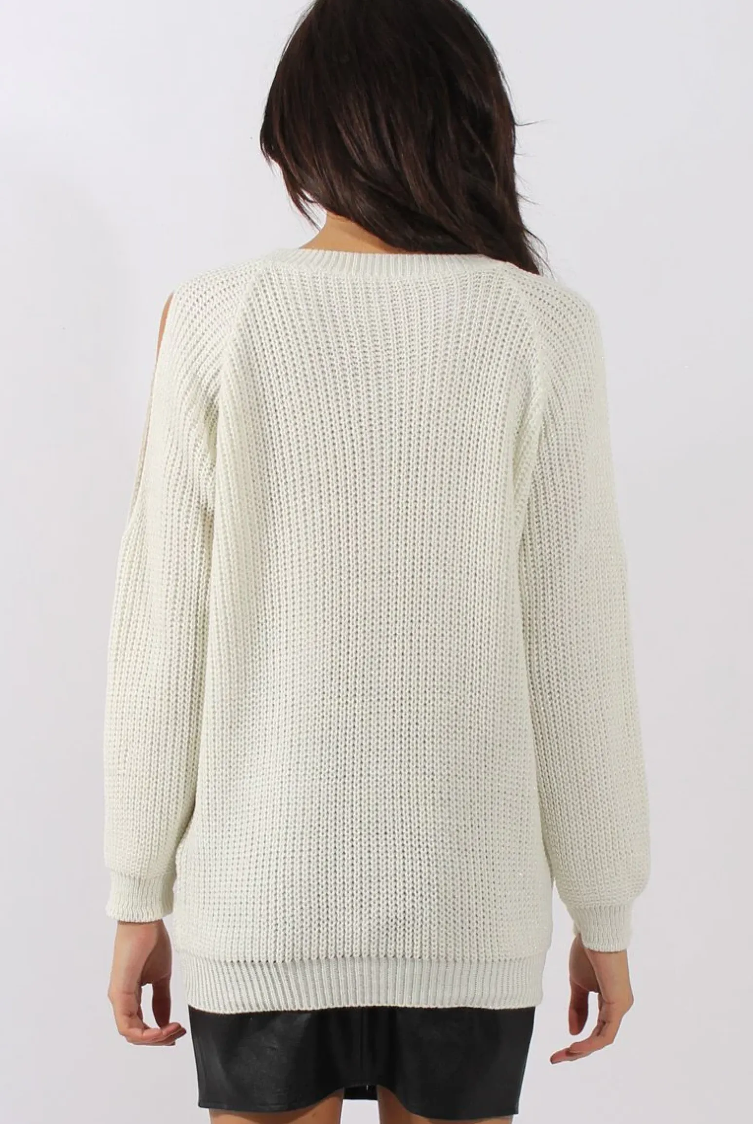 Rebellious Fashion White Sparkle Knitted Cold Shoulder Jumper - May