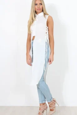 Rebellious Fashion White Split Detail Longline Shirt - Eva