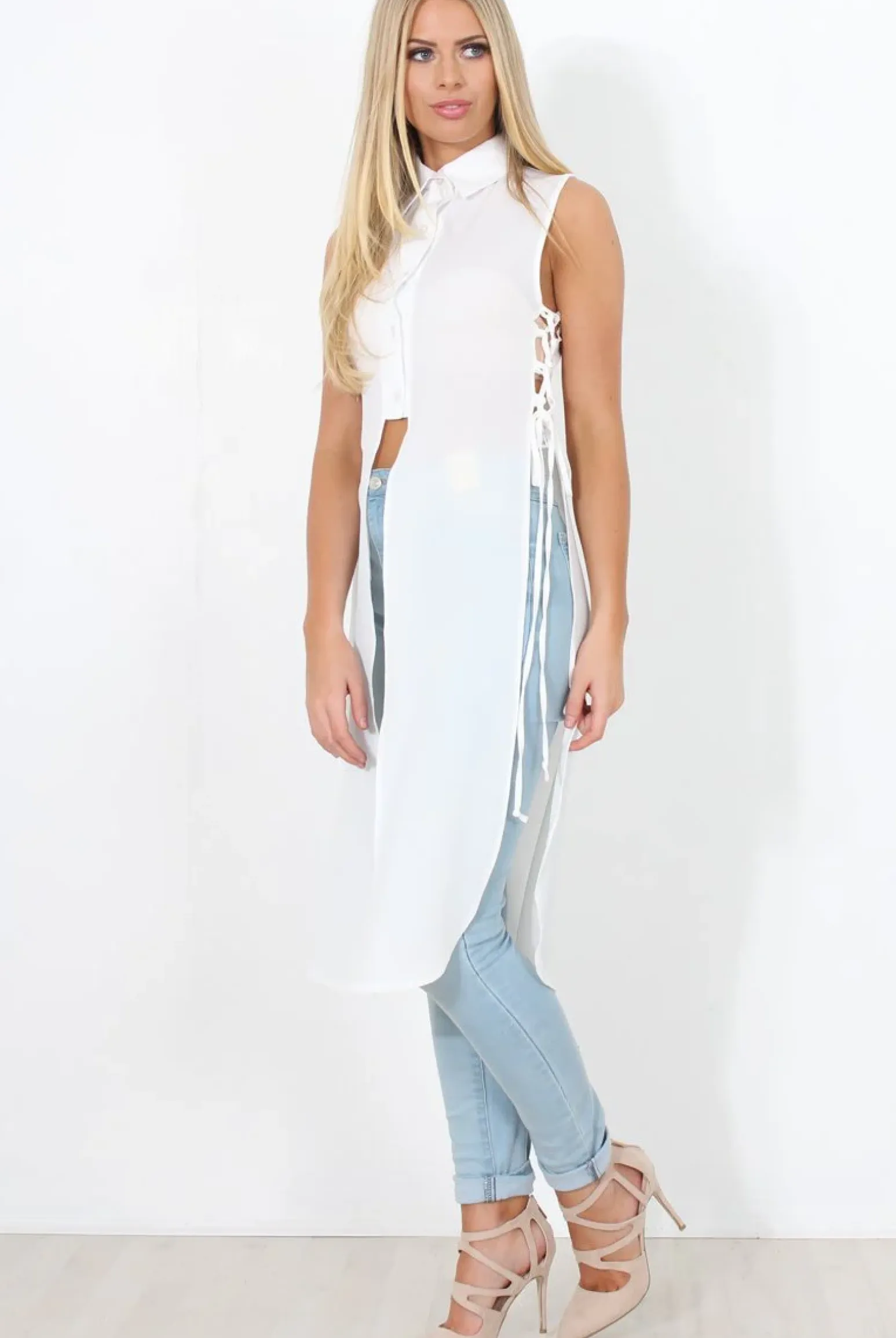 Rebellious Fashion White Split Detail Longline Shirt - Eva