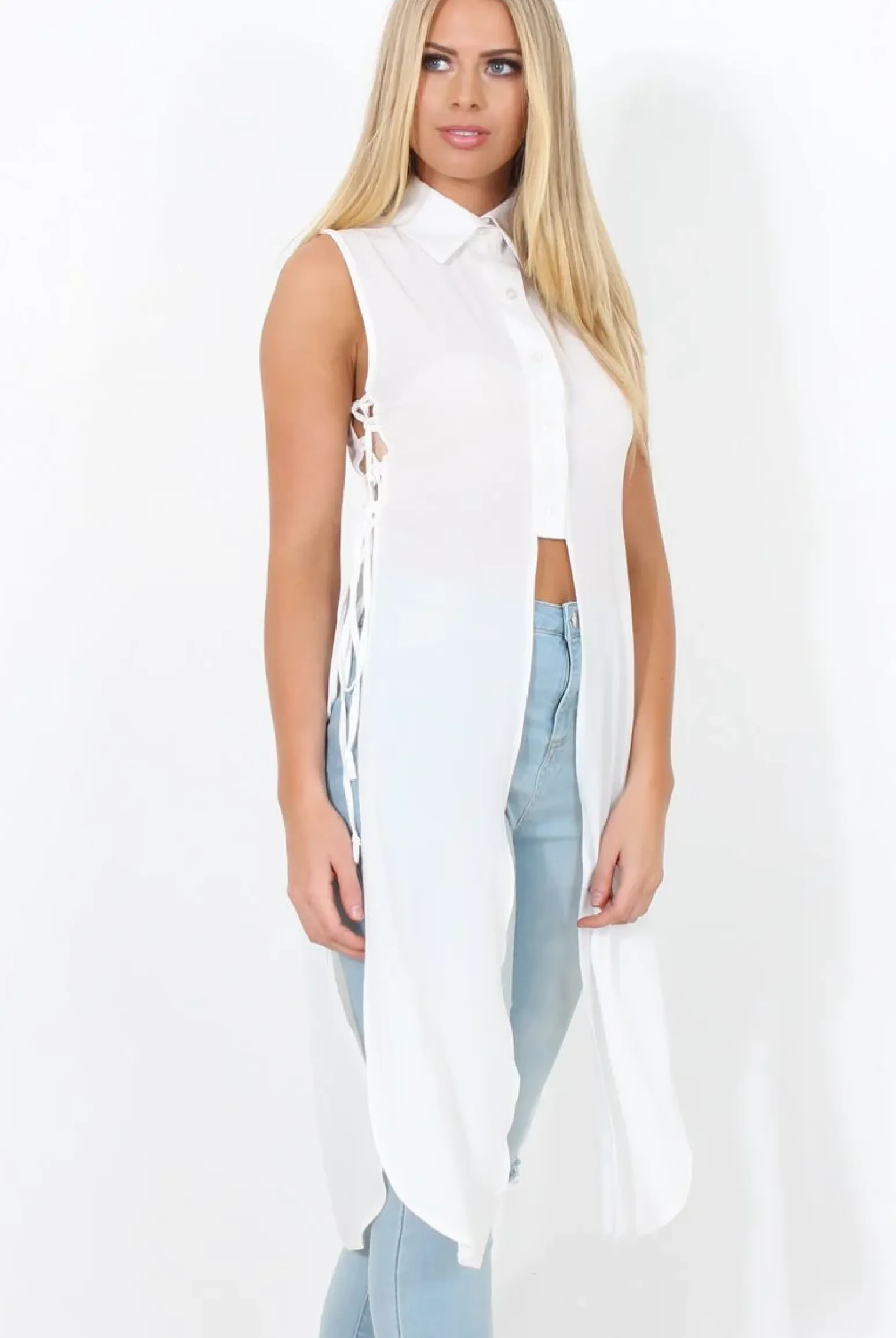 Rebellious Fashion White Split Detail Longline Shirt - Eva