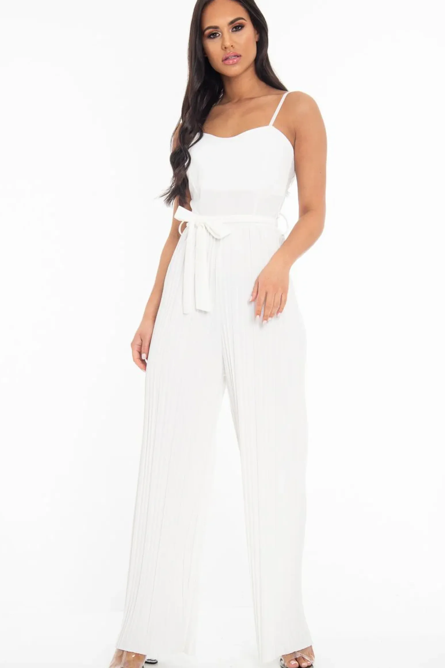 Rebellious Fashion White Strapless Belted Pleated Wide Leg Jumpsuit - Jasmine