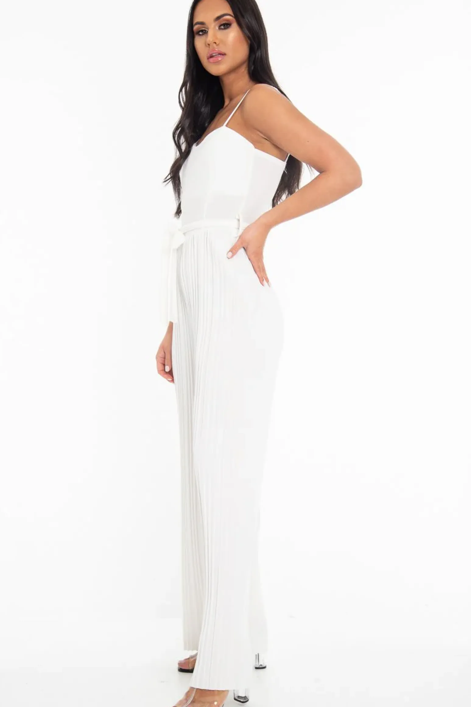 Rebellious Fashion White Strapless Belted Pleated Wide Leg Jumpsuit - Jasmine