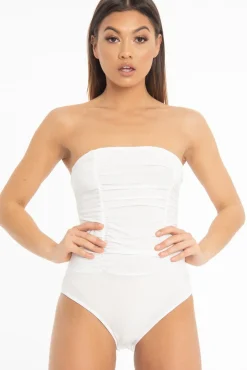 Rebellious Fashion White Strapless Ruched Side Bodysuit - Jaci