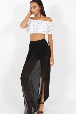 Rebellious Fashion White Stripe Bardot Crop Top - Ciara
