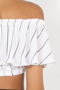 Rebellious Fashion White Stripe Bardot Crop Top - Ciara