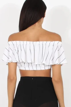 Rebellious Fashion White Stripe Bardot Crop Top - Ciara