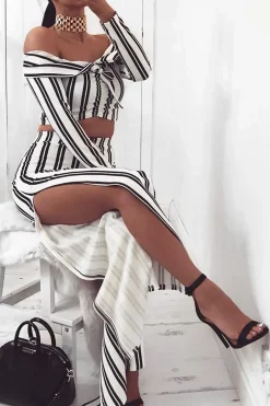 Rebellious Fashion White Stripe Bardot Ruffle Top and Trouser Set - Inas
