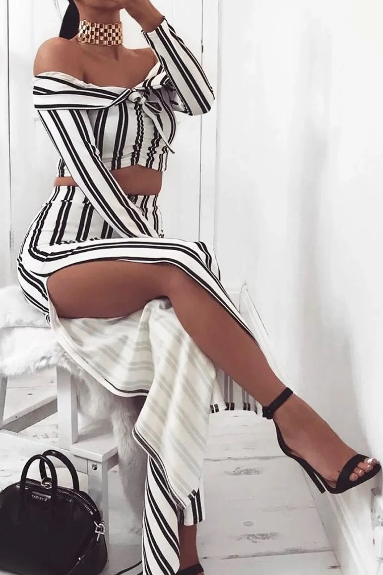 Rebellious Fashion White Stripe Bardot Ruffle Top and Trouser Set - Inas