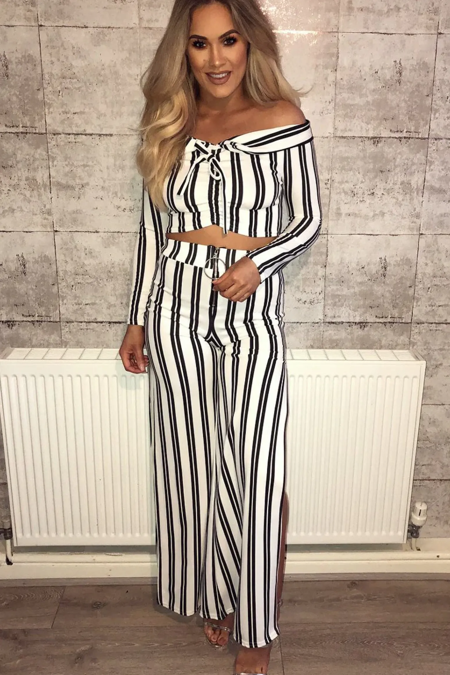 Rebellious Fashion White Stripe Bardot Ruffle Top and Trouser Set - Inas