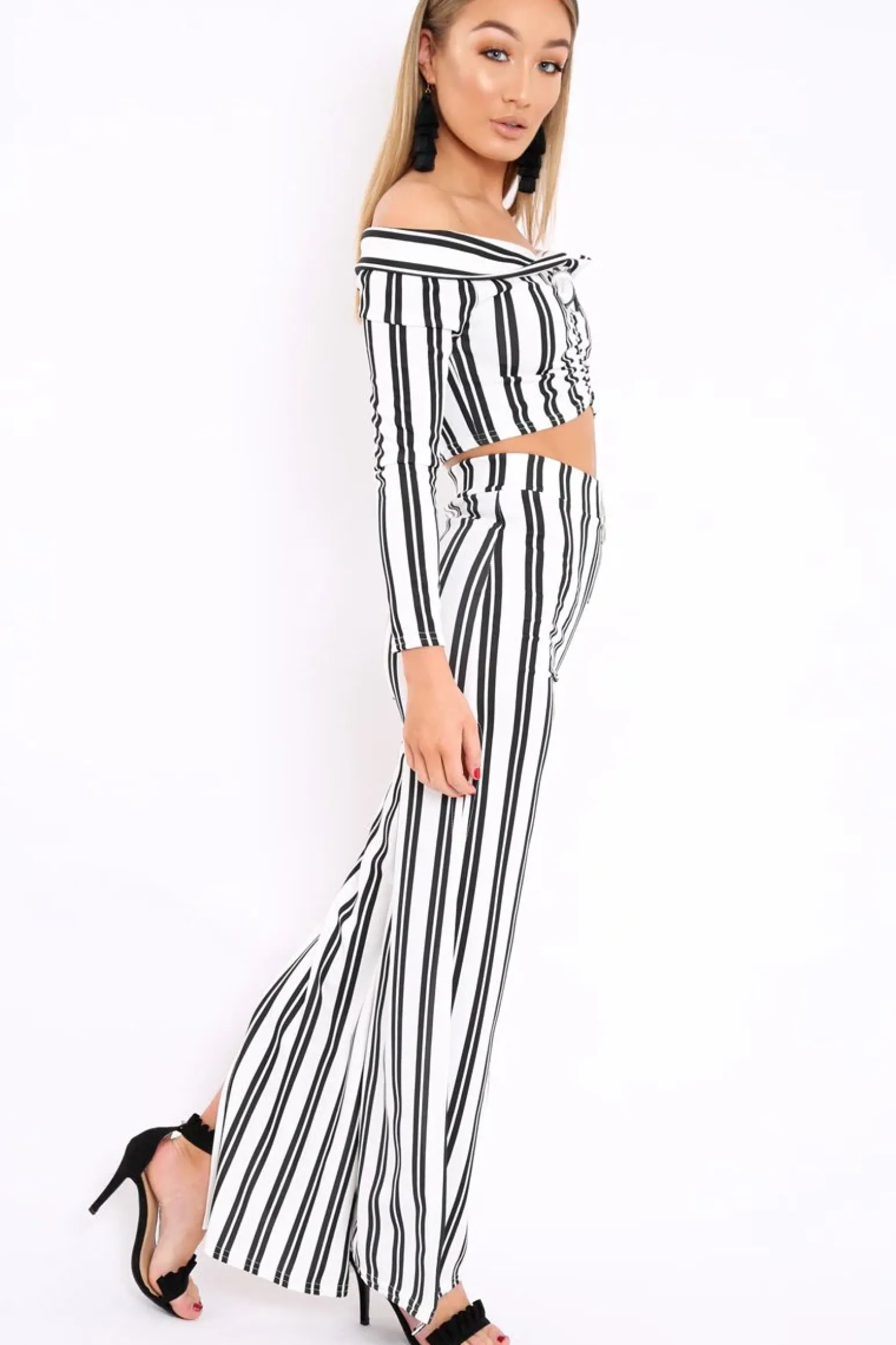Rebellious Fashion White Stripe Bardot Ruffle Top and Trouser Set - Inas