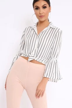 Rebellious Fashion White Stripe Bell Sleeved Shirt - Aairah