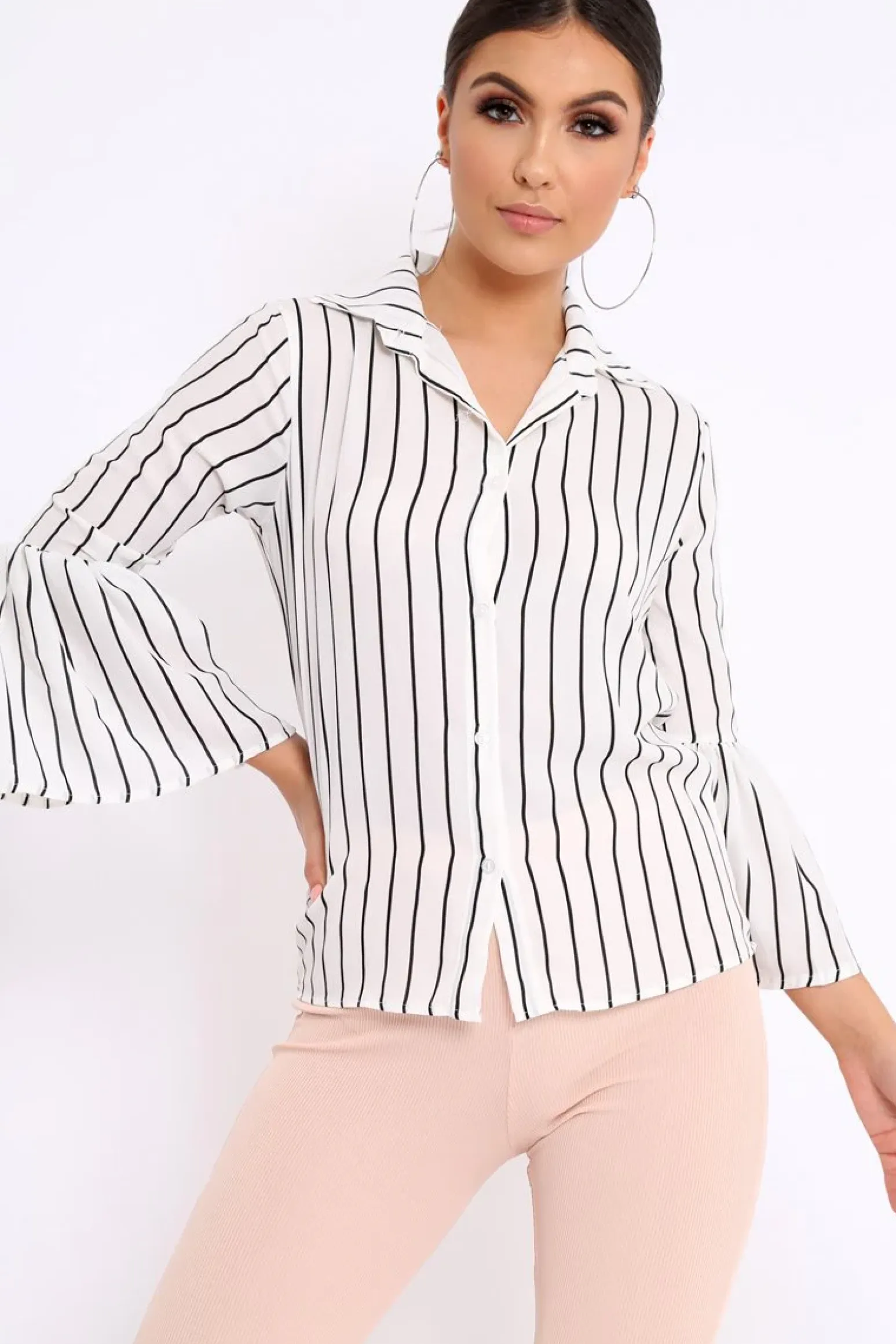 Rebellious Fashion White Stripe Bell Sleeved Shirt - Aairah