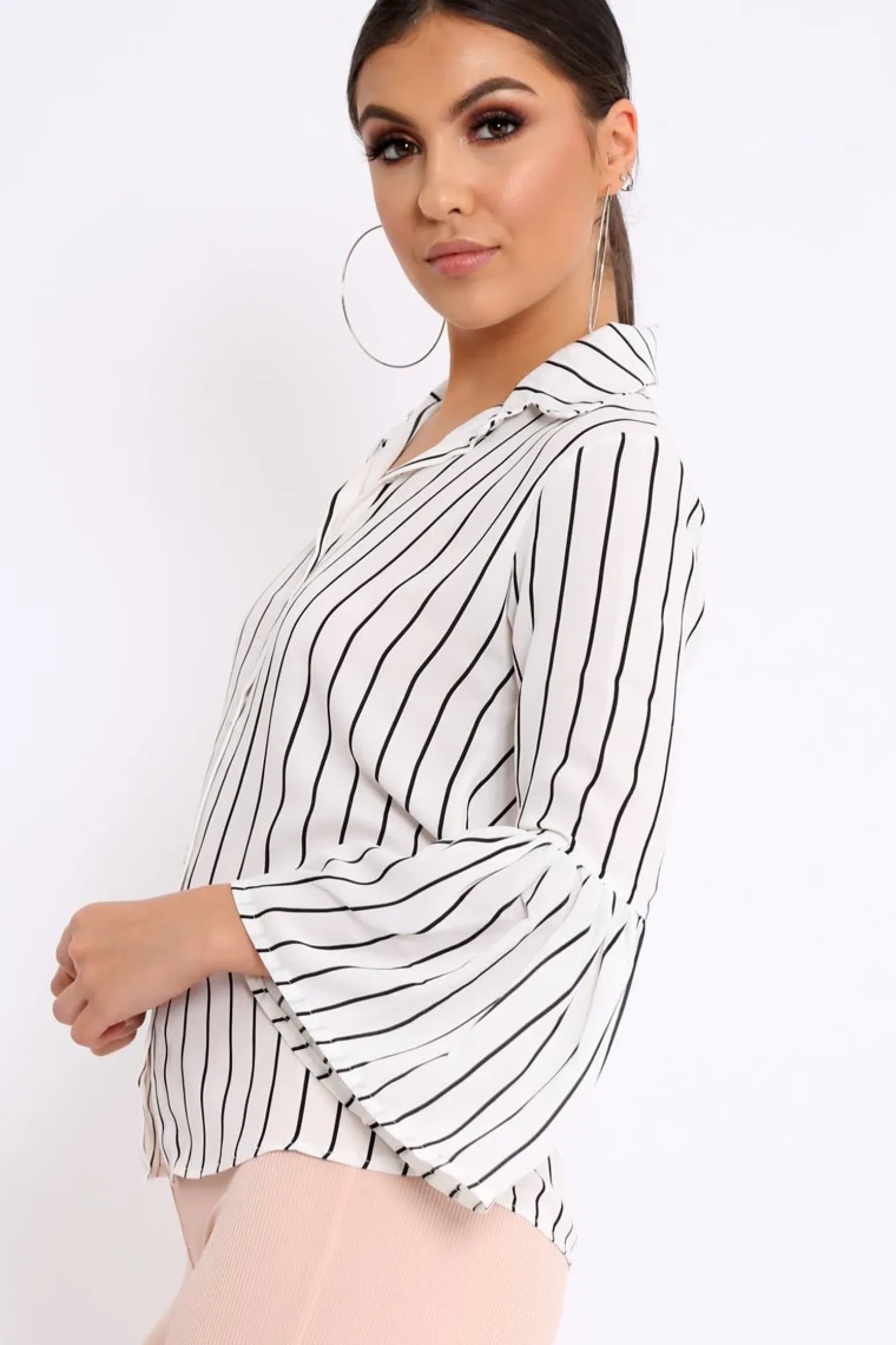 Rebellious Fashion White Stripe Bell Sleeved Shirt - Aairah