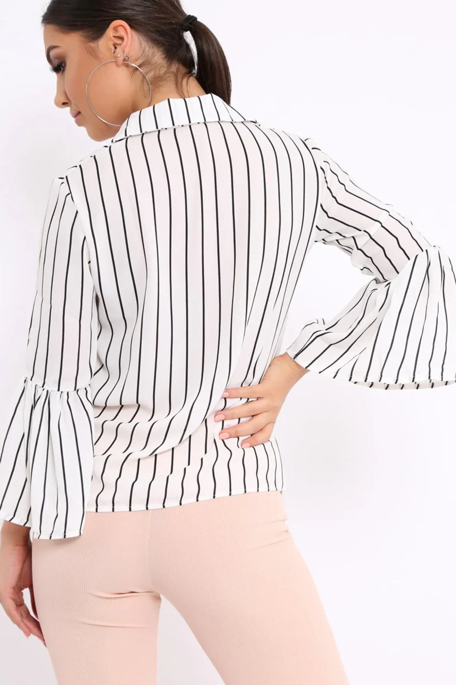 Rebellious Fashion White Stripe Bell Sleeved Shirt - Aairah