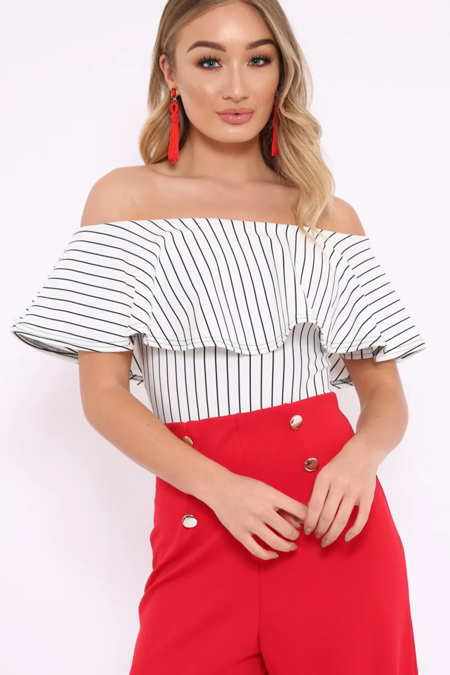 Rebellious Fashion White Striped Bardot Frill Bodysuit - Emmie