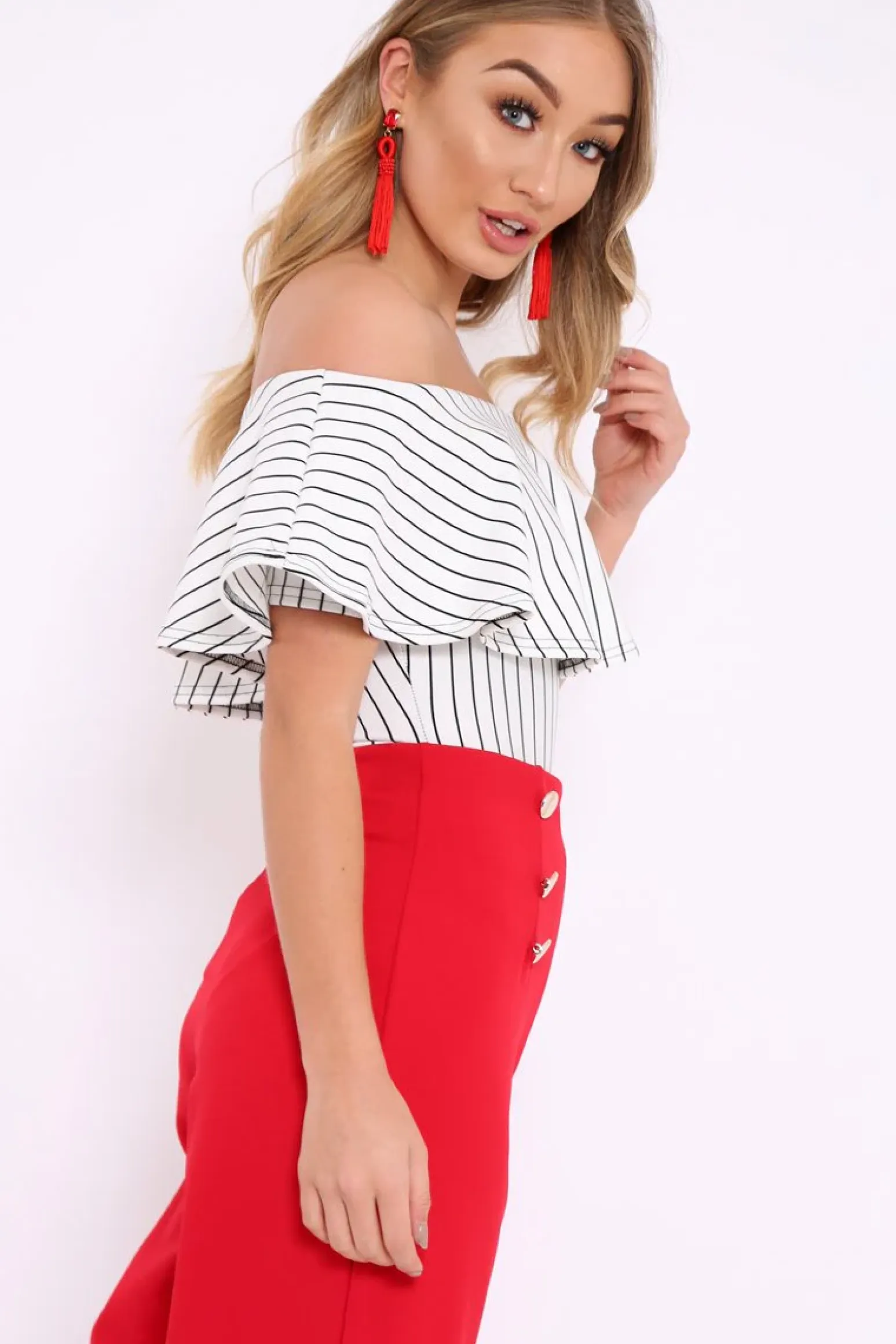 Rebellious Fashion White Striped Bardot Frill Bodysuit - Emmie