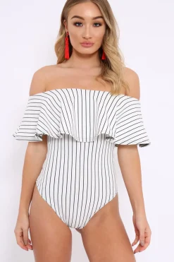 Rebellious Fashion White Striped Bardot Frill Bodysuit - Emmie