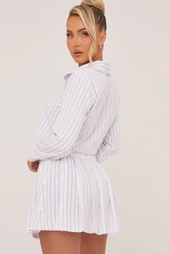 Rebellious Fashion White Striped Button Up Shirt & Pleated Mini Skirt Co-ord Set - Nancy