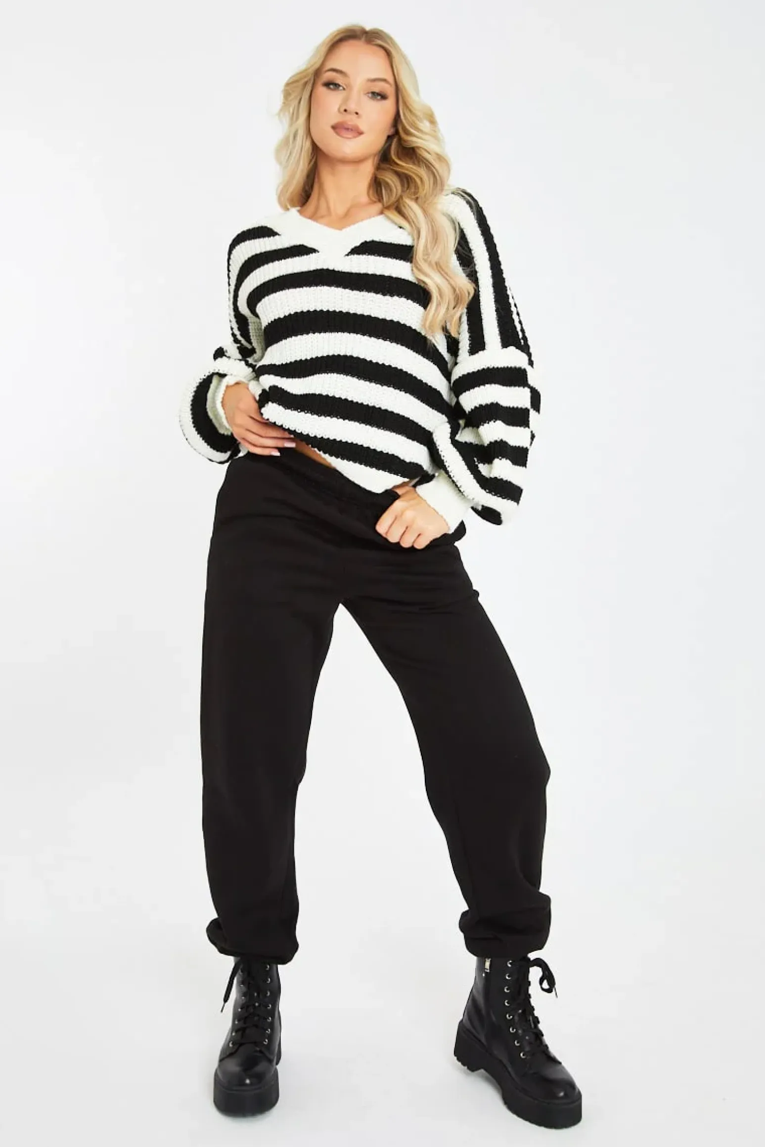 Rebellious Fashion White Striped Chunky Knit Oversized Cardigan - Pedra