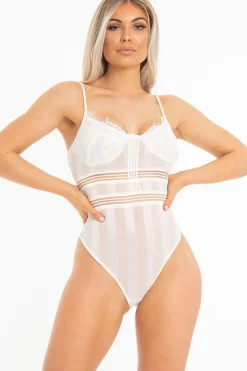 Rebellious Fashion White Striped Lace Detail Cupped Bodysuit - Mollie