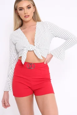 Rebellious Fashion White Striped Plunge Tie Front Flare Sleeve Crop Top - Aimi