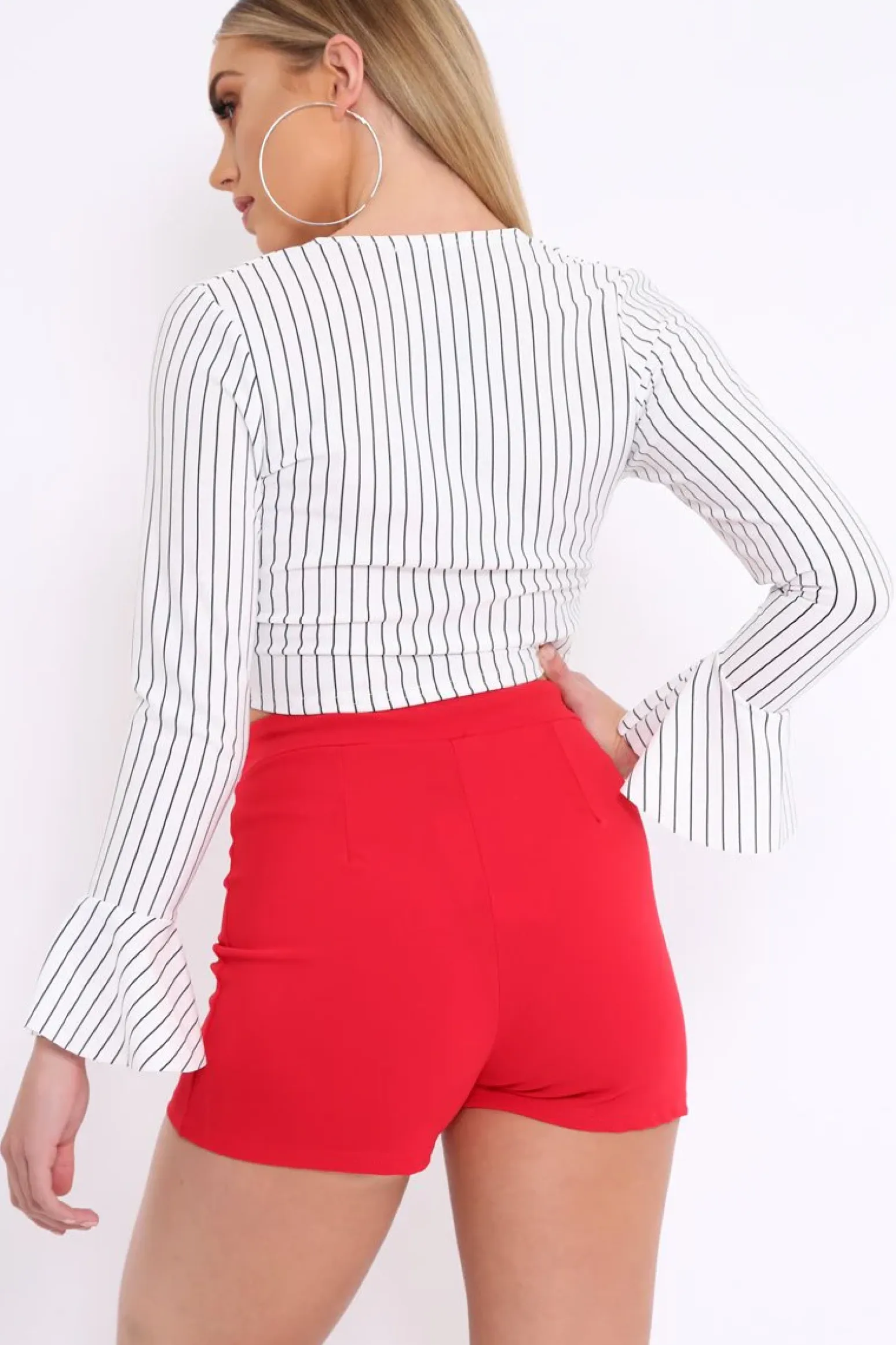 Rebellious Fashion White Striped Plunge Tie Front Flare Sleeve Crop Top - Aimi