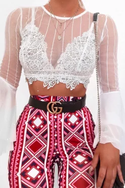 Rebellious Fashion White Striped Sheer Crop Top with Flare Sleeves - Kaisey
