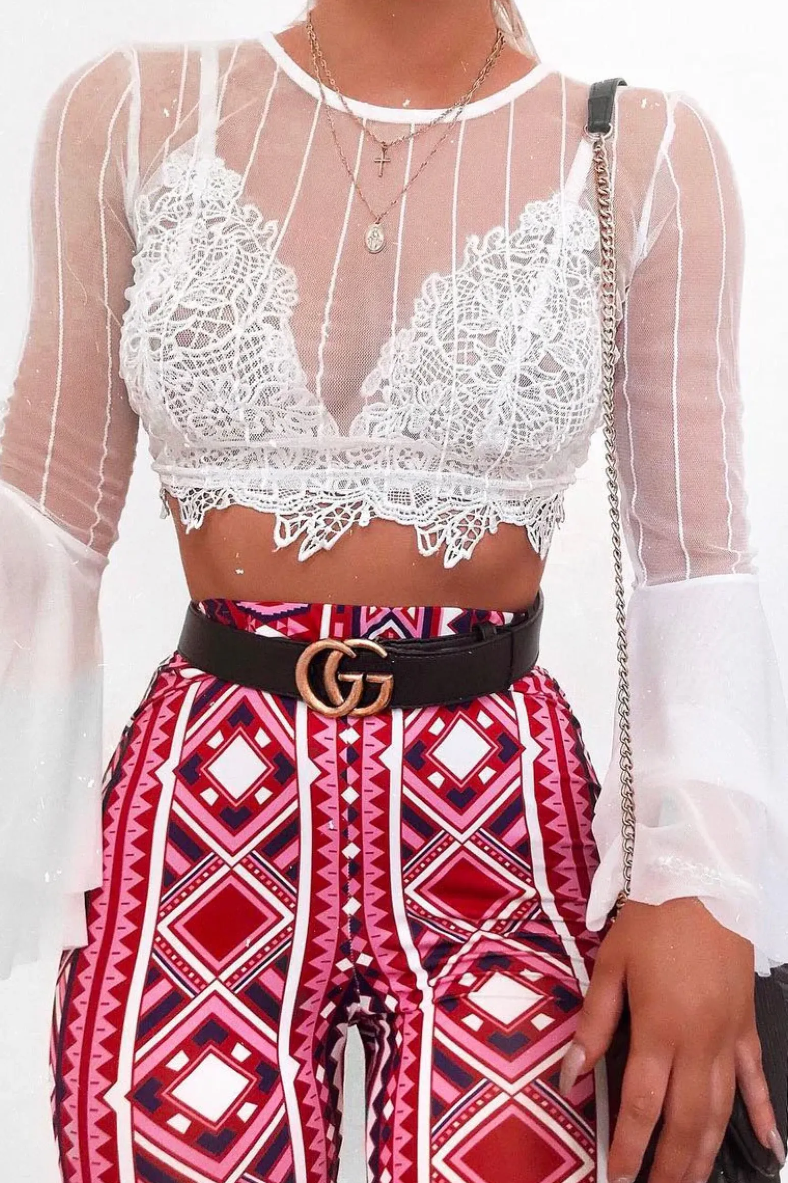 Rebellious Fashion White Striped Sheer Crop Top with Flare Sleeves - Kaisey