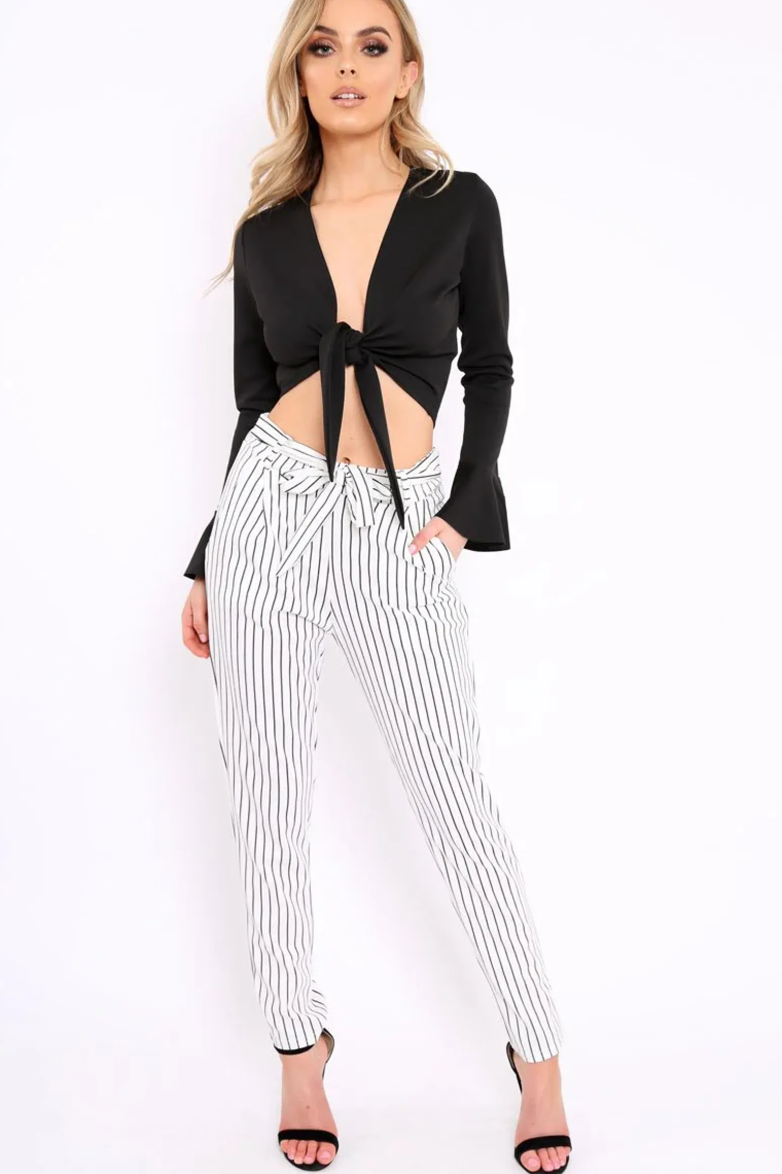 Rebellious Fashion White Striped Tie Waist Cigarette Trousers - Candice