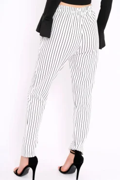 Rebellious Fashion White Striped Tie Waist Cigarette Trousers - Candice