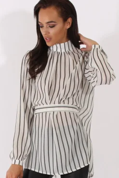 Rebellious Fashion White Striped Tie Waist Open Back Shirt - Carina