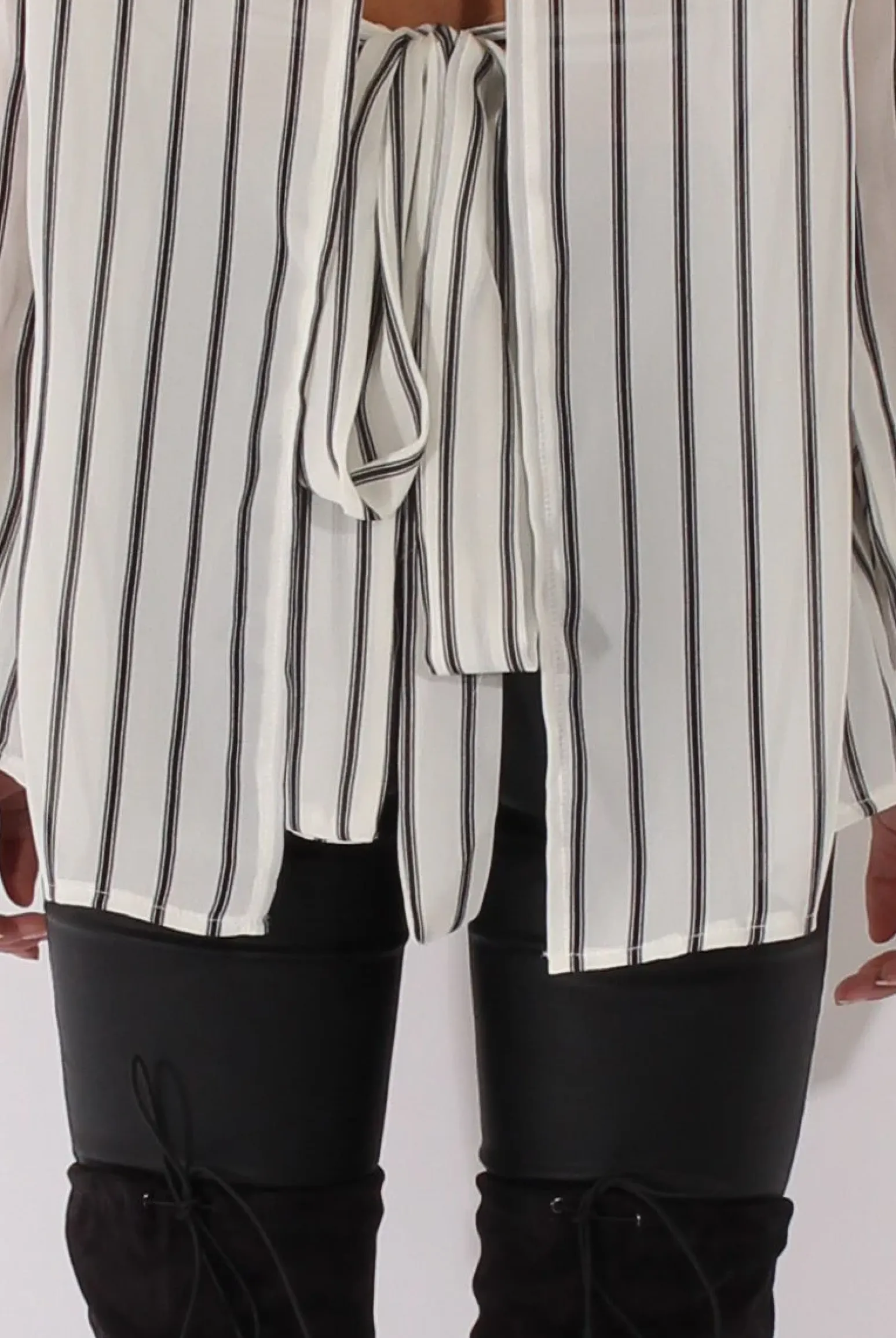 Rebellious Fashion White Striped Tie Waist Open Back Shirt - Carina