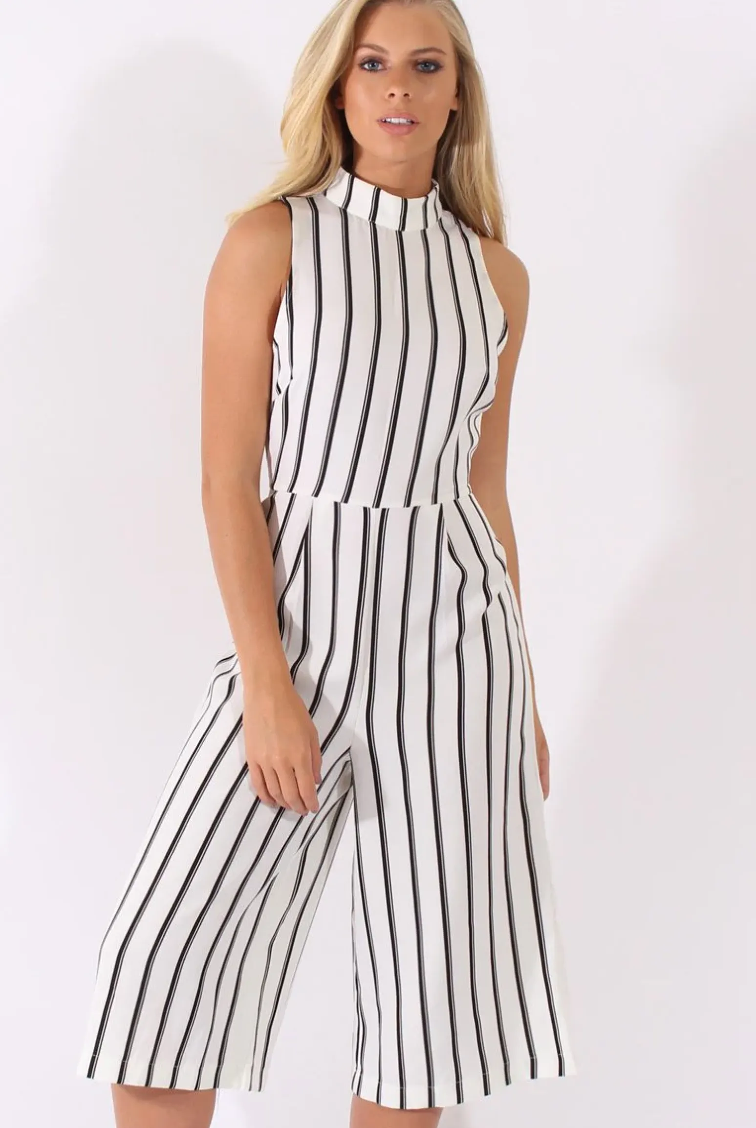 Rebellious Fashion White Stripe High Neck Culotte Jumpsuit - Jordana