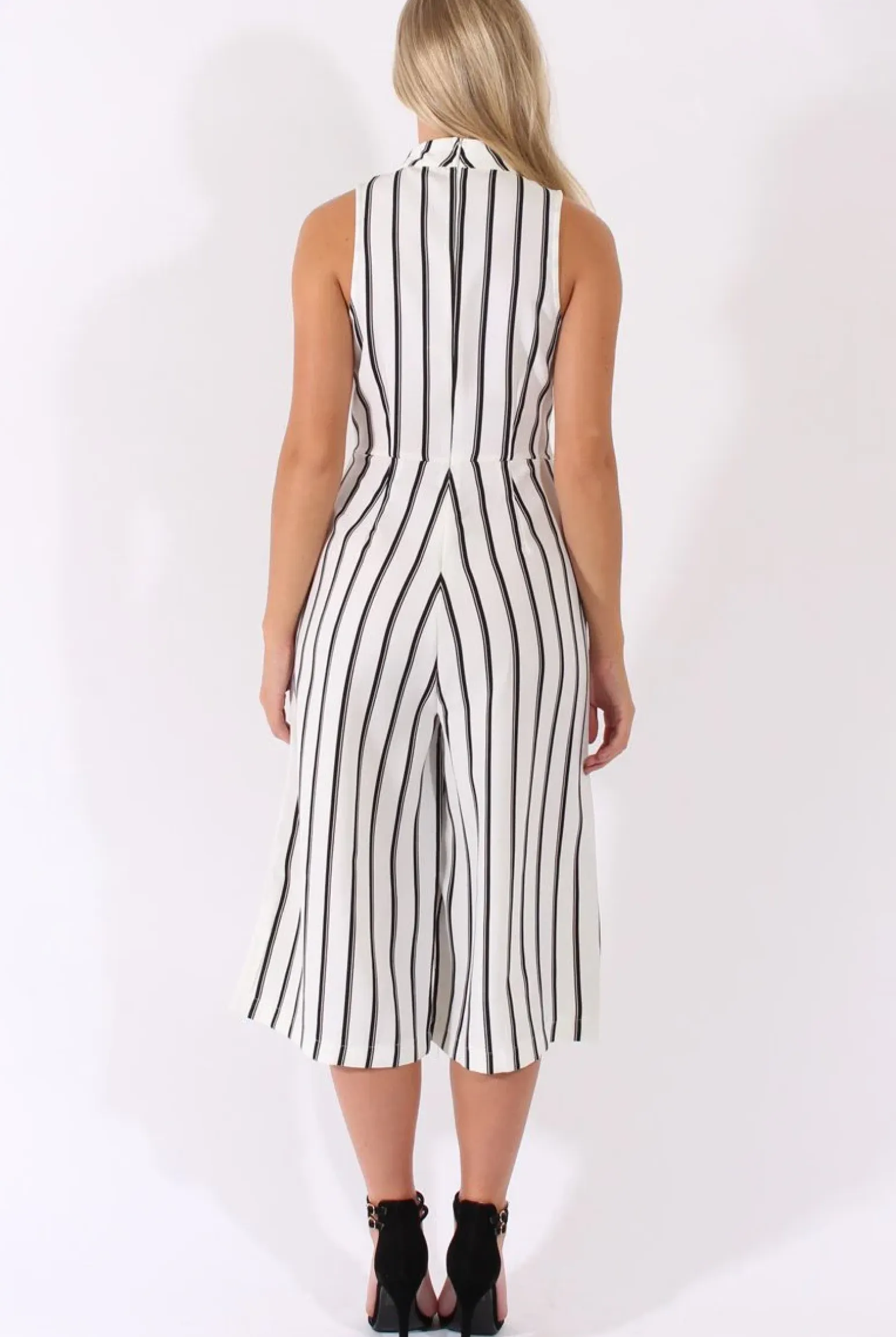 Rebellious Fashion White Stripe High Neck Culotte Jumpsuit - Jordana