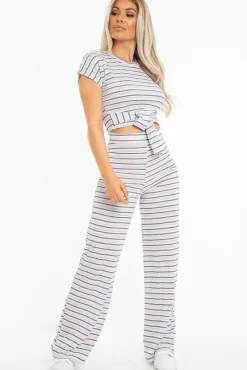 Rebellious Fashion White Stripe Rib Tie Front Top Wide Leg Trouser Co-Ord - Lottie
