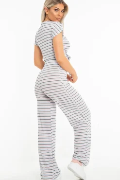 Rebellious Fashion White Stripe Rib Tie Front Top Wide Leg Trouser Co-Ord - Lottie
