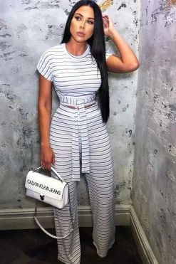 Rebellious Fashion White Stripe Rib Tie Front Top Wide Leg Trouser Co-Ord - Lottie
