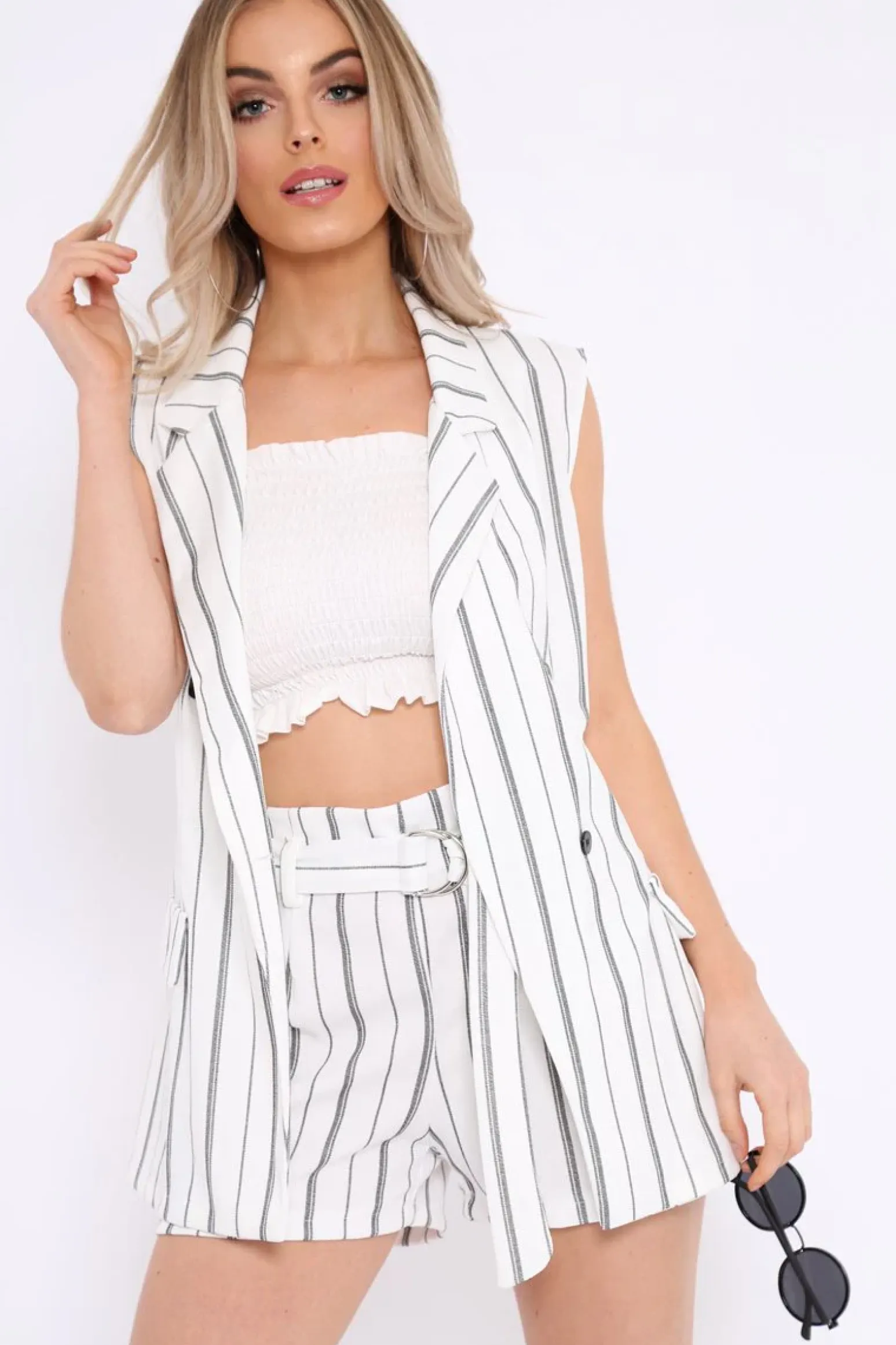 Rebellious Fashion White Stripe Sleeveless Blazer - Sherley