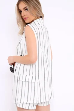 Rebellious Fashion White Stripe Sleeveless Blazer - Sherley