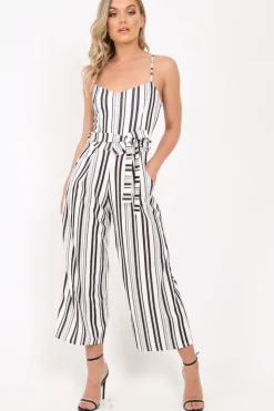 Rebellious Fashion White Stripe Tie Waist Jumpsuit - Jakai