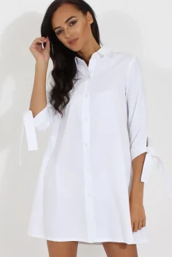 Rebellious Fashion White Suede Tie Cuff Oversized Shirt Dress - Deborah