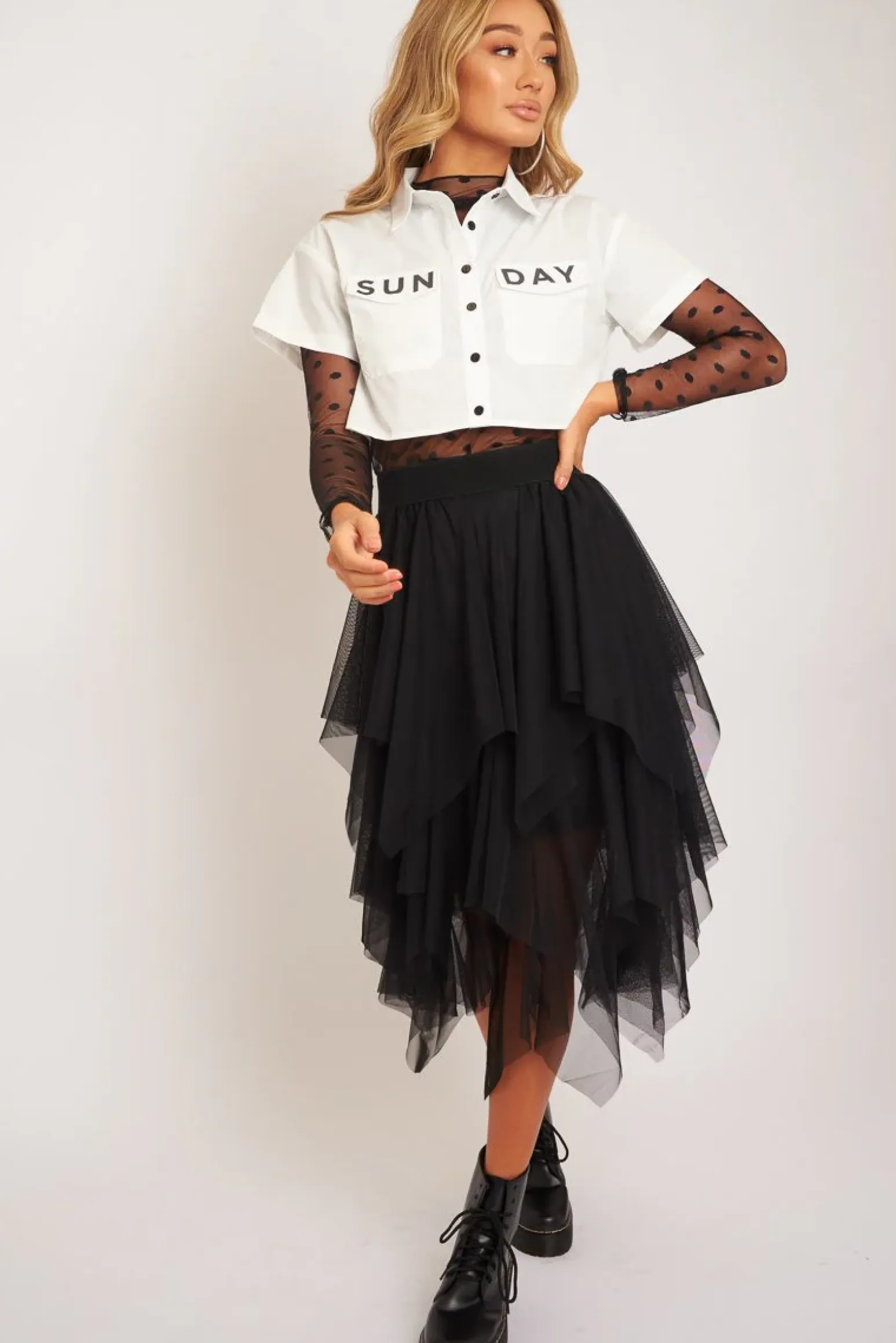 Rebellious Fashion White Sunday Slogan Cropped Shirt - Blaike