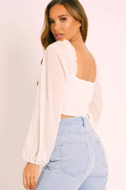 Rebellious Fashion White Swiss Dot Frill Trim Crop Top - Mena