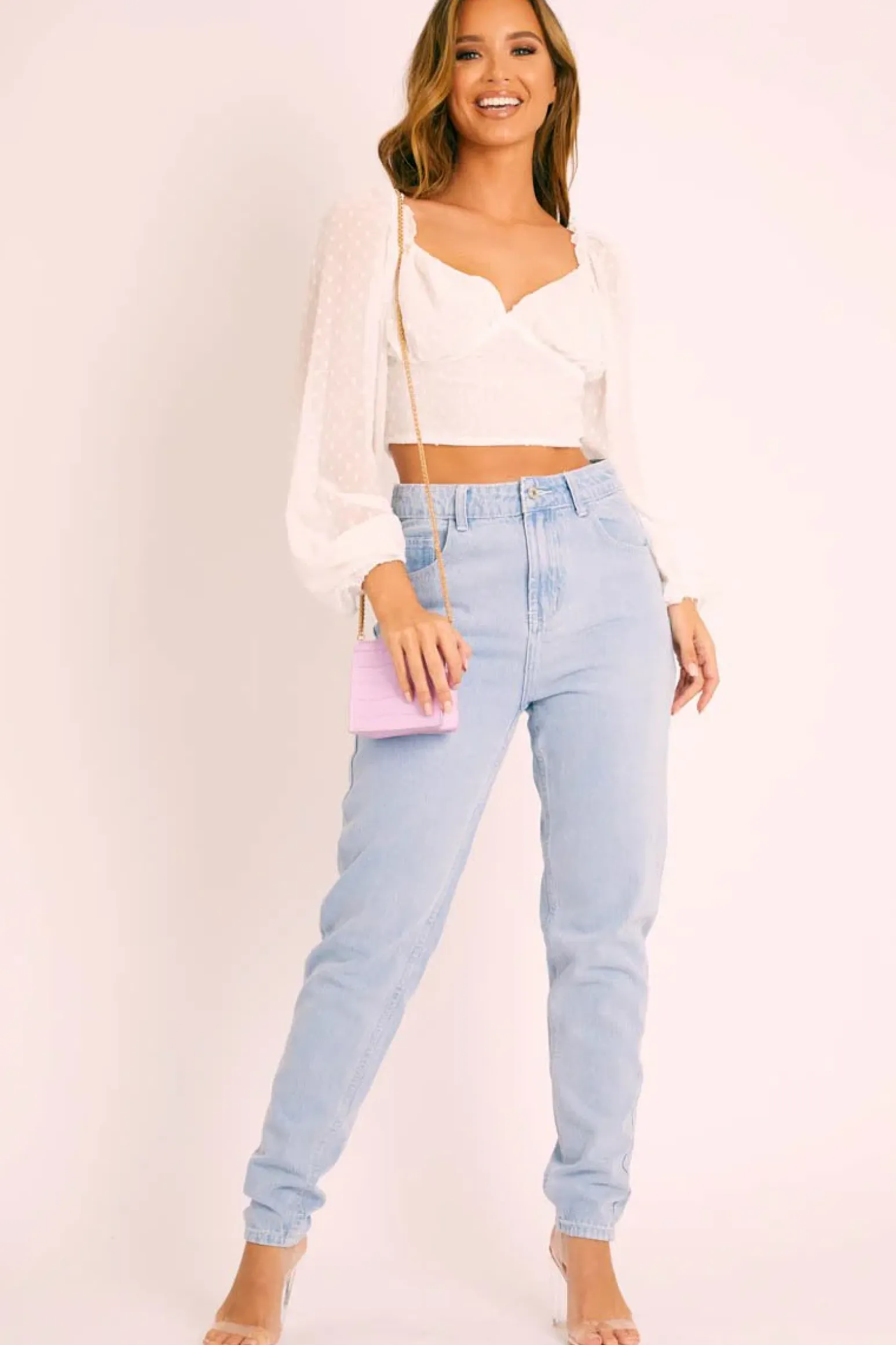 Rebellious Fashion White Swiss Dot Frill Trim Crop Top - Mena